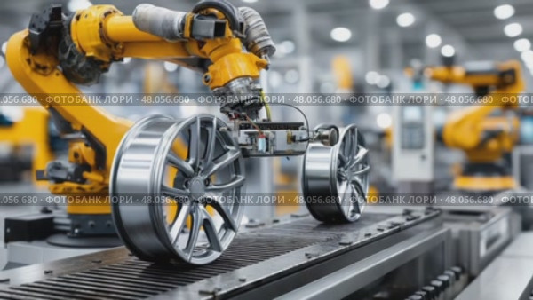 Robotic arm handling alloy wheel in automated factory. Стоковое AI-видео, аниматор Юрий Поздников / Фотобанк Лори