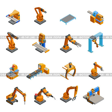 Robotic Mechanical Arm Isometric Icons Set. Remotely controlled programmable robotic mechanical arms samples in automation industry isometric icons collection abstract isolated vector illustration. Стоковая иллюстрация, агентство Ingram Publishing / Фотобанк Лори
