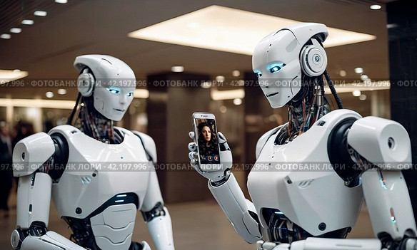 Роботу позвонила девушка ,а его друг стесняясь отворачивается,A girl called the robot, and his friend shyly turns away. Стоковое AI-изображение, AI-художник Миронов Павел / Фотобанк Лори