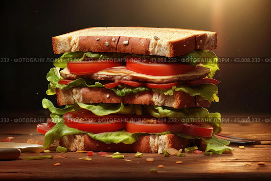 Robust Sandwich with beef and onion. Generate Ai. Стоковое AI-изображение, AI-художник Иван Рябоконь / Фотобанк Лори