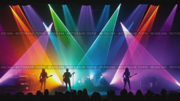 Rock band performing live on stage with colorful laser lights. Стоковое AI-видео, аниматор Юрий Поздников / Фотобанк Лори