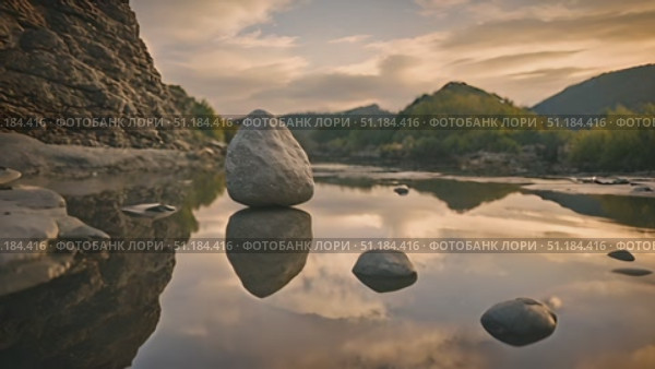 Rock precariously balanced on top of body of water, showcasing forces of nature at play. Rock remains still as ripples flow around it, creating dynamic and fascinating scene. Стоковое AI-видео, аниматор Данила Большаков / Фотобанк Лори