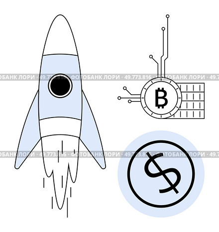 Rocket launching with a dollar symbol and Bitcoin icon emphasizes cryptocurrency growth and innovation. Ideal for finance, technology, investment, blockchain, and market trends themes. Clean. Cryptocurrency Growth Symbolized by Rocket and Bitcoin Concept. Стоковая иллюстрация, агентство Ingram Publishing / Фотобанк Лори