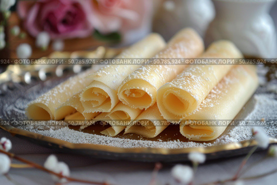 Rolled pancakes forming a pyramidal shape on a golden tray. Стоковое AI-изображение, AI-художник Иван Рябоконь / Фотобанк Лори
