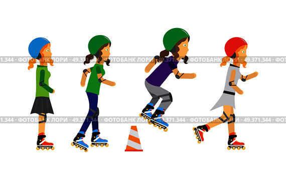 Roller skaters vector. Female characters in helmet, elbow, knee protection riding on roller skates. Sports equipment flat illustration. Summer fun and entertainments. For sport concepts, web design. Roller Skater Girls Vector in Flat Design. Стоковая иллюстрация, агентство Ingram Publishing / Фотобанк Лори