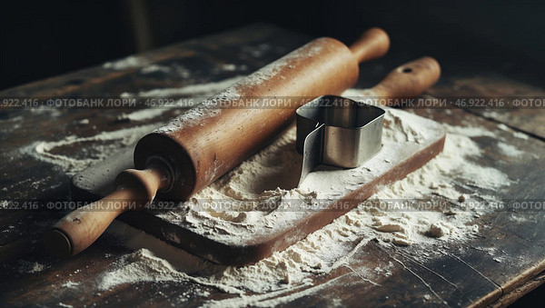 Rolling pin and cookie cutter on floured wooden surface in a cozy kitchen early in the morning. Стоковое AI-изображение, AI-художник Сергей Толмачёв / Фотобанк Лори
