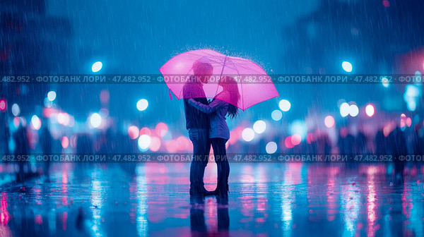 Romantic Embrace: A couple sheltered under a pink umbrella in a rainy cityscape, illuminated by ethereal city lights. Стоковое AI-изображение, AI-художник Данила Большаков / Фотобанк Лори