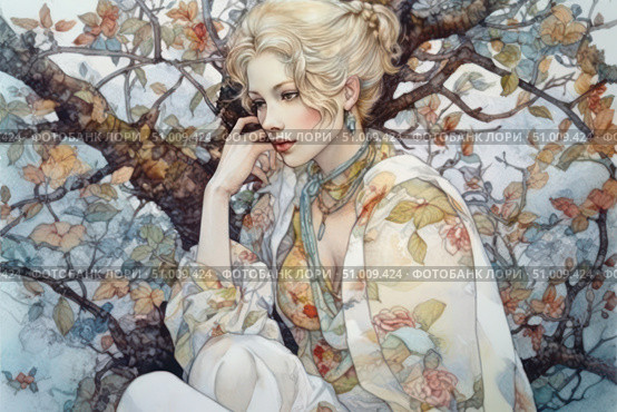 Romantic portrait of a young woman in watercolor technique, executed in soft pastel colors. The girl sits thoughtfully among the branches of a tree, dressed in a transparent chiffon robe with a floral pattern. Her light hair is gathered in a loose hairstyle, and her look is full of quiet dreaminess. The illustration conveys an atmosphere of peace, femininity and beauty of nature. Perfect for decorating the covers of books, magazines, postcards, and also as a decorative poster. Стоковое AI-изображение, AI-художник Анна Кривицкая / Фотобанк Лори