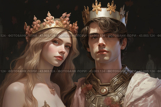 Romantic Princess with crown with her prince. Generate ai. Стоковое AI-изображение, AI-художник Иван Рябоконь / Фотобанк Лори