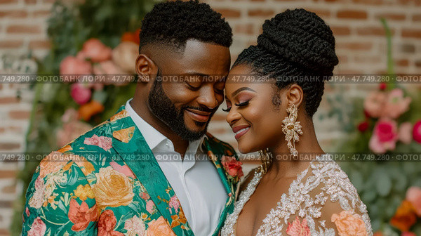 Romantic wedding: Enchanting African American couple embraces, surrounded by floral splendor and love, suitable for invitation or announcement. Стоковое AI-изображение, AI-художник Данила Большаков / Фотобанк Лори