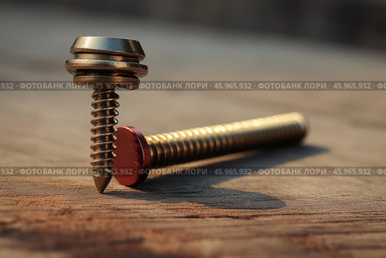 Roofing screw with sealing washer standing on wooden plank. Стоковое AI-изображение, AI-художник Иван Рябоконь / Фотобанк Лори
