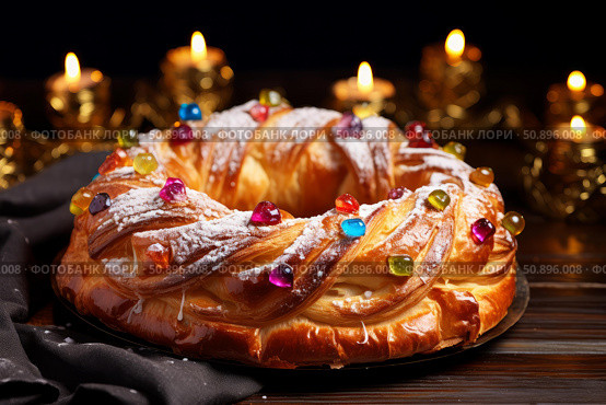 Roscon de reyes, spanish epiphany cake, celebrating with festive flavors and golden lights. Стоковое AI-изображение, AI-художник Иван Рябоконь / Фотобанк Лори