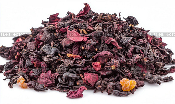 Roselle or Hibiscus tea pile isolated on a white background. Dry karkade flowers petals heap of dried herbal tea. Indian spices. Mockup of aromatic Fruit Red Tea, Dried Herbal Beverage. Carcade. Стоковое AI-изображение, AI-художник Марина Демидюк / Фотобанк Лори