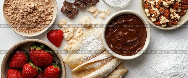 Роскошный завтрак: блины с нутеллой и свежей клубникой. Стоковое AI-изображение, AI-художник ФотоИнтеллект / Фотобанк Лори