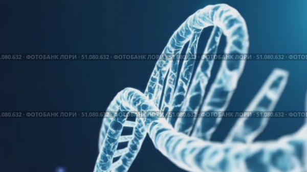 Rotating 3D DNA double helix made of semi-transparent strands with tiny bubbles and particles, high-tech blue background—clean scientific look (4K, 16:9) Стоковое AI-видео, аниматор Владислав Войтов / Фотобанк Лори
