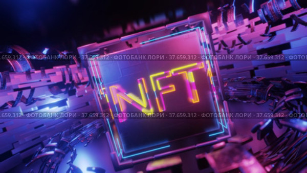 Rotation of technological cube with neon NFT inscription. Seamless animation. Стоковое видео, видеограф Alexander / Фотобанк Лори