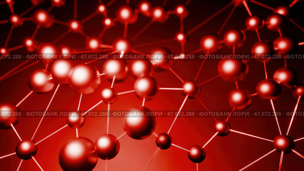 Round atoms connected by lines that move in abstraction. Стоковая иллюстрация, иллюстратор David Kashakhi / Фотобанк Лори