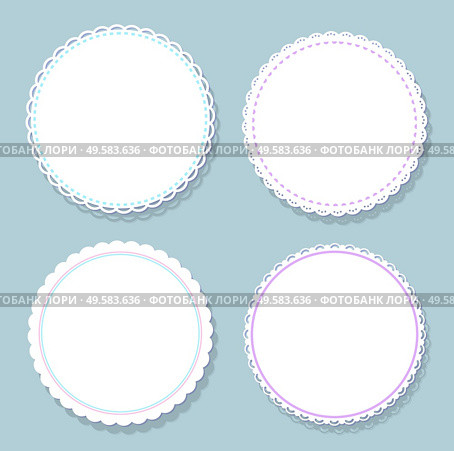 Round napkins with various edges isolated on grey background. Vector mockup of banner with spare place for text, circled border mockups, flat design templates. Round Napkins with Various Edges Isolated on Grey. Стоковая иллюстрация, агентство Ingram Publishing / Фотобанк Лори