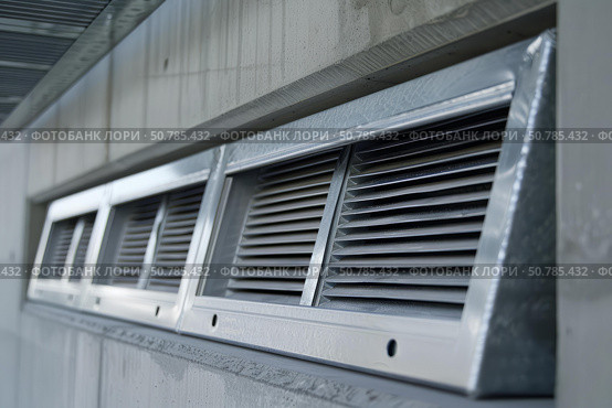 Row of industrial metal ventilation air ducts on a building. Стоковое AI-изображение, AI-художник Иван Рябоконь / Фотобанк Лори