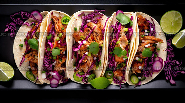 Row of Mexican street Tacos on slate with carne asada and al pastor in corn tortilla. Стоковое AI-изображение, AI-художник Ирина Ручушкина / Фотобанк Лори