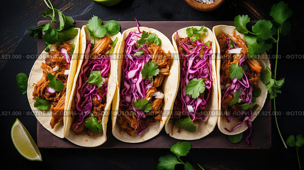Row of Mexican street Tacos on slate with carne asada and al pastor in corn tortilla. Стоковое AI-изображение, AI-художник Ирина Ручушкина / Фотобанк Лори