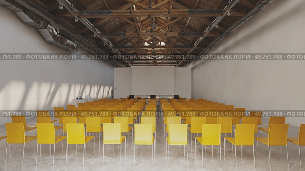 Rows of symmetrical yellow chairs are neatly arranged in a rectangular hall inside a building. 3d render. Symmetrical rows of yellow chairs in a hall, ready for an event. Стоковое фото, агентство Ingram Publishing / Фотобанк Лори