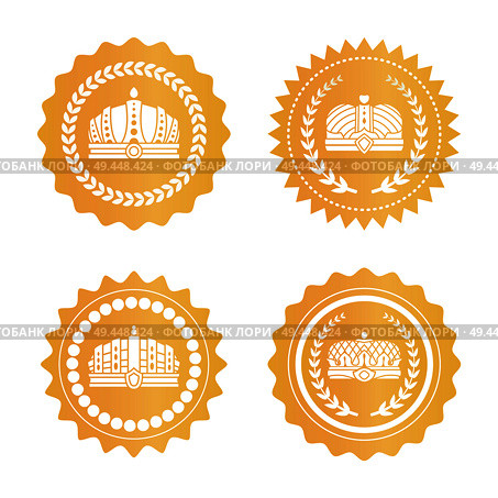 Royal golden stamps with luxurious crowns, laurel wreaths and wavy edges. Crown on golden stamps of approval and warranty vector illustrations set.. Royal Golden Stamps with Crowns and Laurel Wreath. Стоковая иллюстрация, агентство Ingram Publishing / Фотобанк Лори