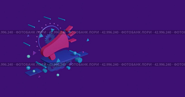 Розовый символ мегафона на пьедестале из абстрактных геометрических фигур, парящих в воздухе. Абстрактный концепт-арт с летающими фигурами слева. 3d-иллюстрация на темно-фиолетовом фоне. Стоковая иллюстрация, иллюстратор Карпенко Алексей / Фотобанк Лори