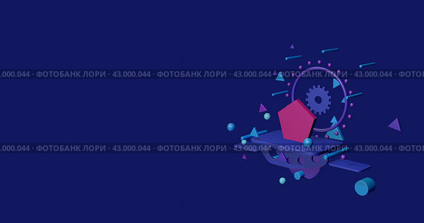 Розовый символ пятиугольника на пьедестале из абстрактных геометрических фигур, парящих в воздухе. Абстрактный концепт-арт с летающими фигурами справа. 3d-иллюстрация на фоне цвета индиго. Стоковая иллюстрация, иллюстратор Карпенко Алексей / Фотобанк Лори