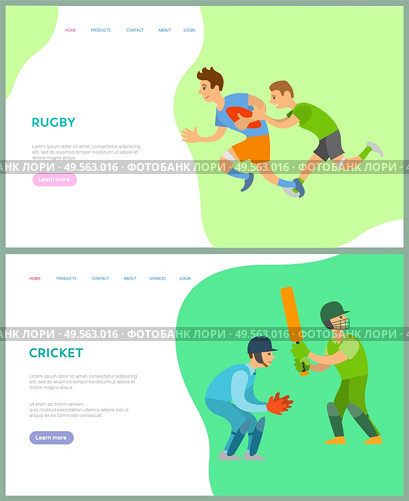 Rugby and cricket sports, men running with ball, people wearing helmet, gloves holding bat. Portrait and full length view of training males vector. Website or webpage template, landing page flat style. Sportsmen Training, Rugby and Cricket Web Vector. Стоковая иллюстрация, агентство Ingram Publishing / Фотобанк Лори