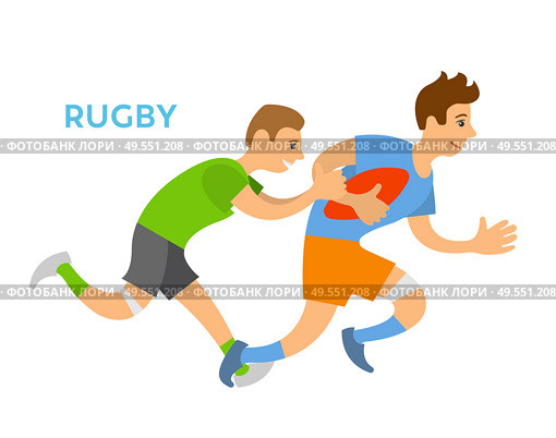 Rugby game vector, aggressive kind of sports isolated character running holding ball in hands. Person chasing male, personage wearing uniform flat style. Rugby Players Man Chasing Opponent, Competition. Стоковая иллюстрация, агентство Ingram Publishing / Фотобанк Лори