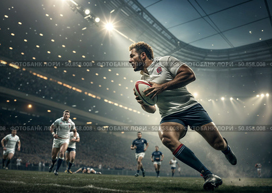 Rugby player in white jersey carries ball dynamically with teammates and crowd in stadium background. Perfect for sports documentaries and team spirit campaigns. Стоковое AI-изображение, AI-художник Анна Сивакова / Фотобанк Лори