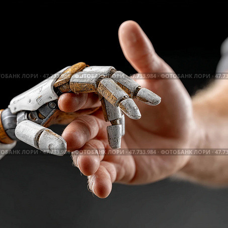 Рука человека, пожимающая руку робота. Стоковое AI-изображение, AI-художник Александр Белов / Фотобанк Лори