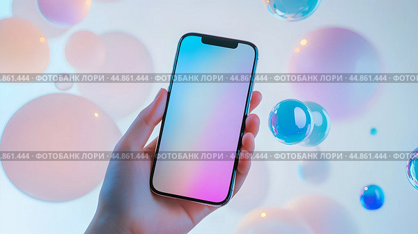 Рука, держащая смартфон с экраном, который отображает градиентные цвета от голубого к розовому. Стоковое AI-изображение, AI-художник Алексей Выдрин / Фотобанк Лори