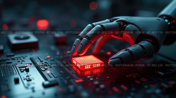 Рука робота нажимает красную кнопку – футуристичный выбор, AI-generation. Стоковое AI-изображение, AI-художник Елена Скрипкина / Фотобанк Лори