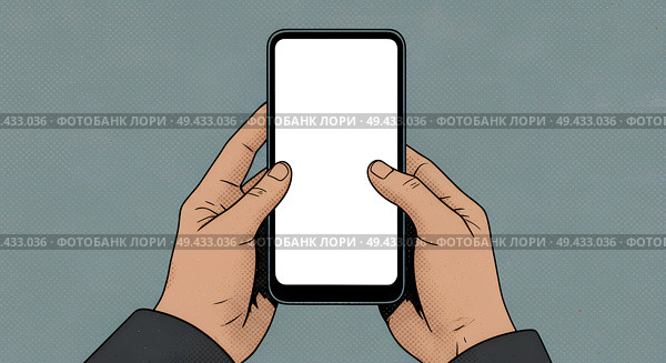 Руки держат смартфон с пустым экраном. Метафора апатии, дум скроллинга и цифровой перегрузки. Графика в стиле ризографа с растровой текстурой и цифровым шумом. Редакционное AI-изображение, AI-художник Ирина Першина / Фотобанк Лори
