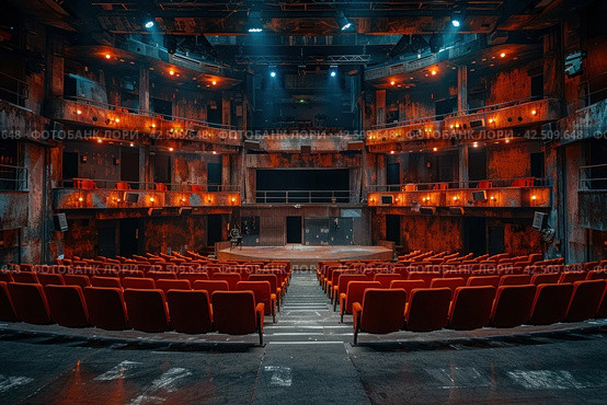 Rundown vintage theatre auditorium with red velvet seats and and ornate proscenium arch. Стоковое AI-изображение, AI-художник Юрий Поздников / Фотобанк Лори