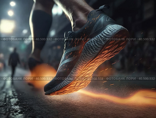 Runner feet running on road closeup on shoe. woman fitness sunrise jog workout welness concept. Стоковое AI-изображение, AI-художник Sergey Grishin / Фотобанк Лори