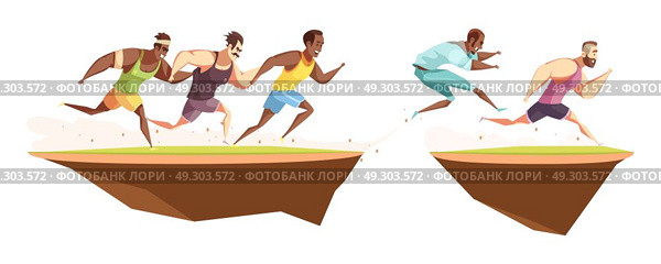 Runners Jump A Ditch Composition. Competition icons retro cartoon composition with male runner characters of different race and skin color vector illustration. Стоковая иллюстрация, агентство Ingram Publishing / Фотобанк Лори