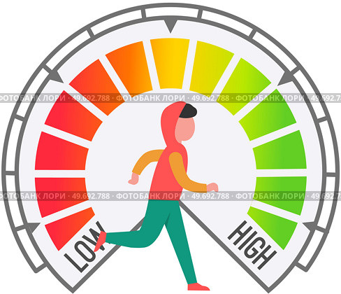 Running person and scale from low speed to high. Short distance running. Time measurement of marathon. Progress and success towards goal. Result of efforts of person in training, his achievements. Running person, scale from low speed to high. Short distance running. Time measurement of marathon. Стоковая иллюстрация, агентство Ingram Publishing / Фотобанк Лори