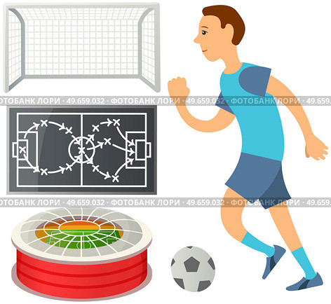 Running soccer player. Football cartoon player in blue jersey running with ball on playing field isolated man sport player sportsman in sports uniform. Guy plays football, kicks ball and scores goal. Running soccer player. Football cartoon player in blue jersey running with ball side view. Стоковая иллюстрация, агентство Ingram Publishing / Фотобанк Лори