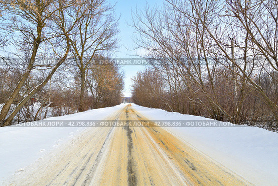 Rural winter road sprinkled with sand against ice. Стоковое фото, фотограф Володина Ольга / Фотобанк Лори