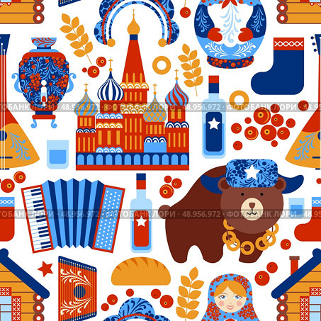 Russia travel food alcohol architecture seamless pattern vector illustration. Стоковая иллюстрация, агентство Ingram Publishing / Фотобанк Лори