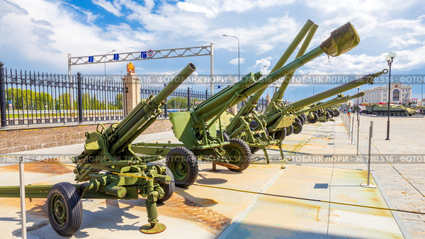 Russia, Verkhnyaya Pyshma, July 2021: various types of artillery On the open area of the military equipment museum "Combat Glory of the Urals". Редакционное фото, фотограф Акиньшин Владимир / Фотобанк Лори