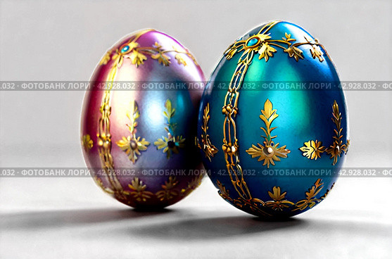 Russian jewelry souvenir, easter eggs copy of Faberge, unique impressive collection of jewelry, made by famous russian jewelers. Copy space. Стоковое AI-изображение, AI-художник Aleksandr Golubev / Фотобанк Лори