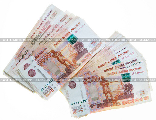 Russian rubbles paper banknotes of five thousand, white background. Стоковое фото, фотограф Кекяляйнен Андрей / Фотобанк Лори