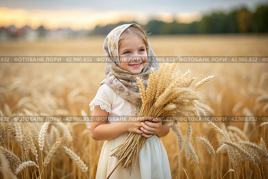 Russian Russian girl in a white dress and a Russian shawl holds golden ears of wheat against the background of a ripening field. The concept of planting and harvesting a rich harvest. Rural landscape. Стоковое AI-изображение, AI-художник Photojuli / Фотобанк Лори