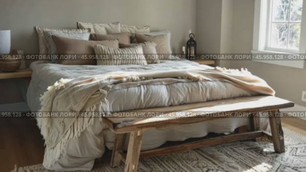 Rustic home design with ethnic boho decoration. Bed with pillows, wooden furniture. Bohemian bedroom with cream-colored textiles, dried flowers. Serene, cozy ambiance. Scandinavian natural interior. Стоковое AI-видео, аниматор Марина Демидюк / Фотобанк Лори