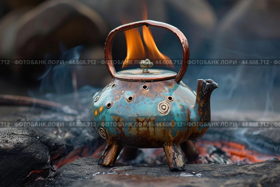 Rustic teapot on open fire. Стоковое AI-изображение, AI-художник Иван Рябоконь / Фотобанк Лори