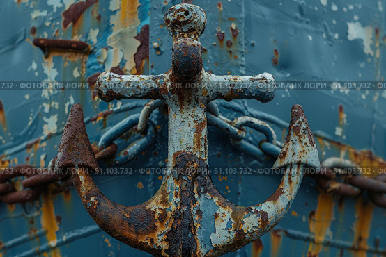 Rusty anchor and chain hanging on a weathered ship hull. Стоковое AI-изображение, AI-художник Иван Рябоконь / Фотобанк Лори